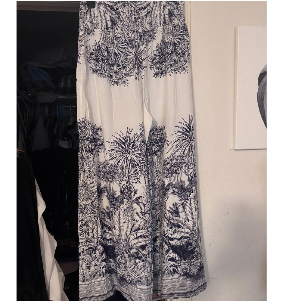 Philosophy Republic Clothing Tropical Palm Wide Leg Smocked Pants Navy White